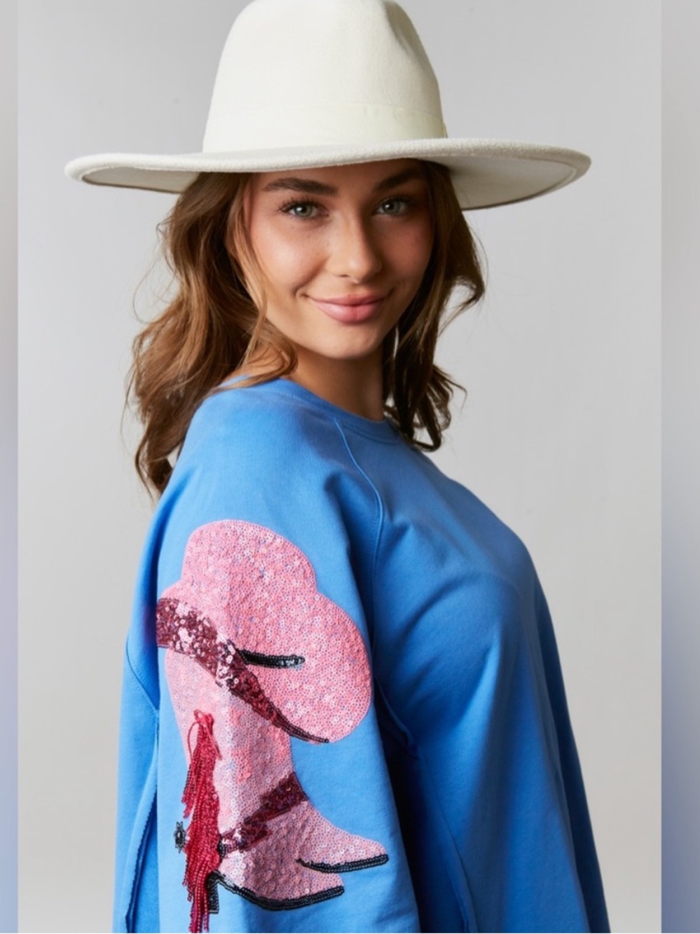 Cowgirl Blue & Pink Boot Sequence Shirt Size Medium | Fantastic Fawn New